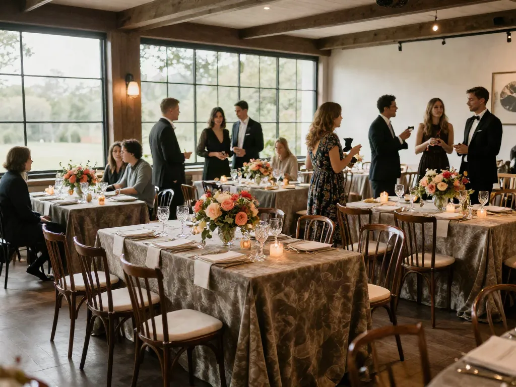 Event furniture rental in a beautifully arranged wedding setting with elegant tables, chairs, and floral decor.