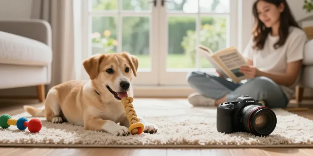 Calming Dog Treats bring joy to pets in a cozy living room scene